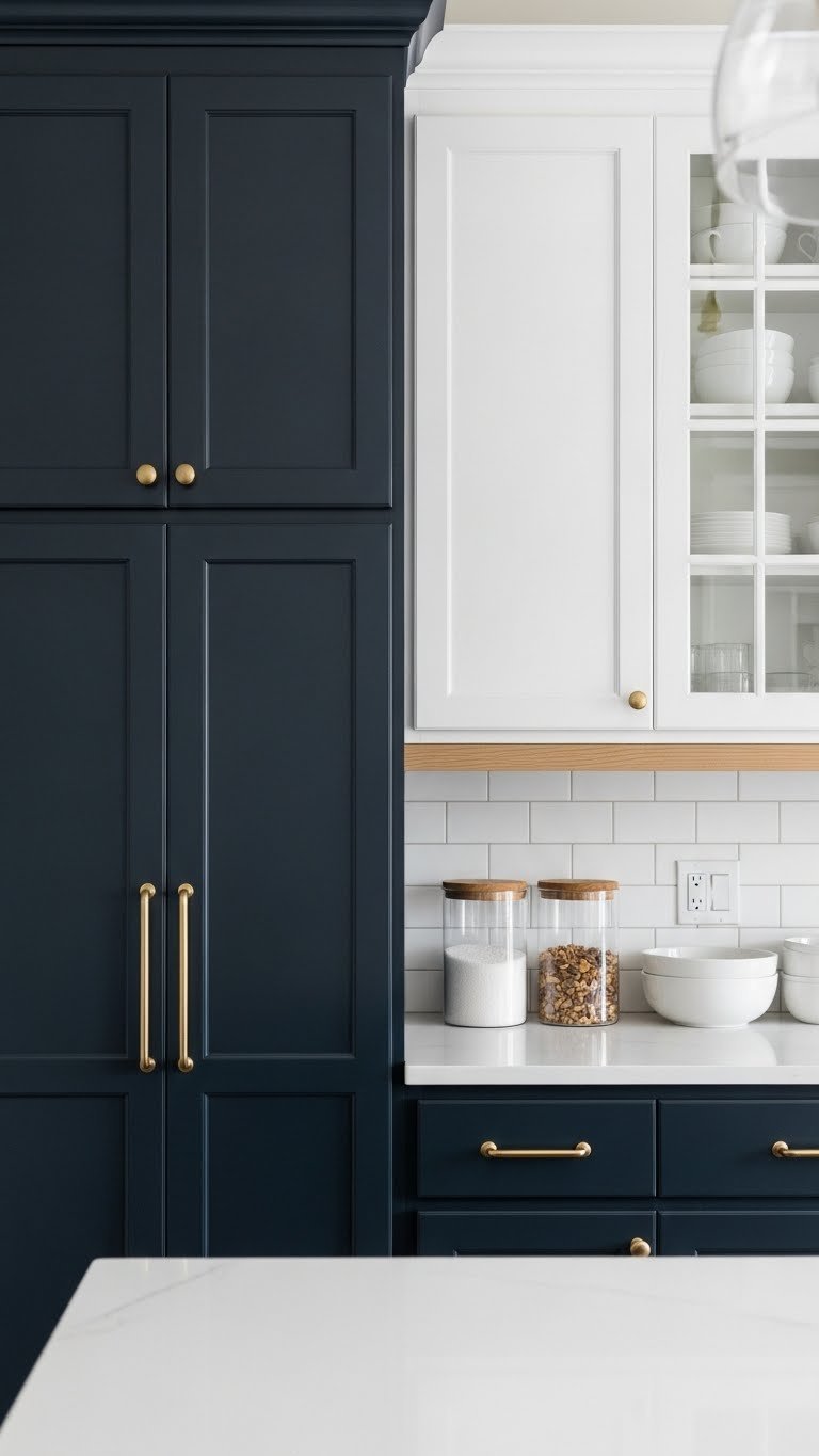 Stylish two-toned kitchen: black lower, white upper cabinets, light wood shelf, white countertop for modern design.