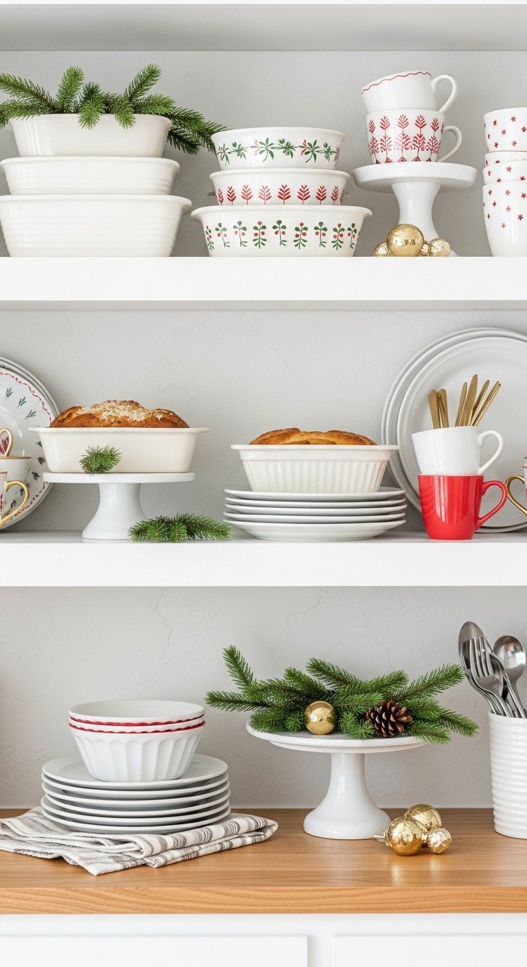 Stylish white open kitchen shelves with festive bakeware, ceramic loaf pans, holiday mugs, pine sprigs, and brass accents.