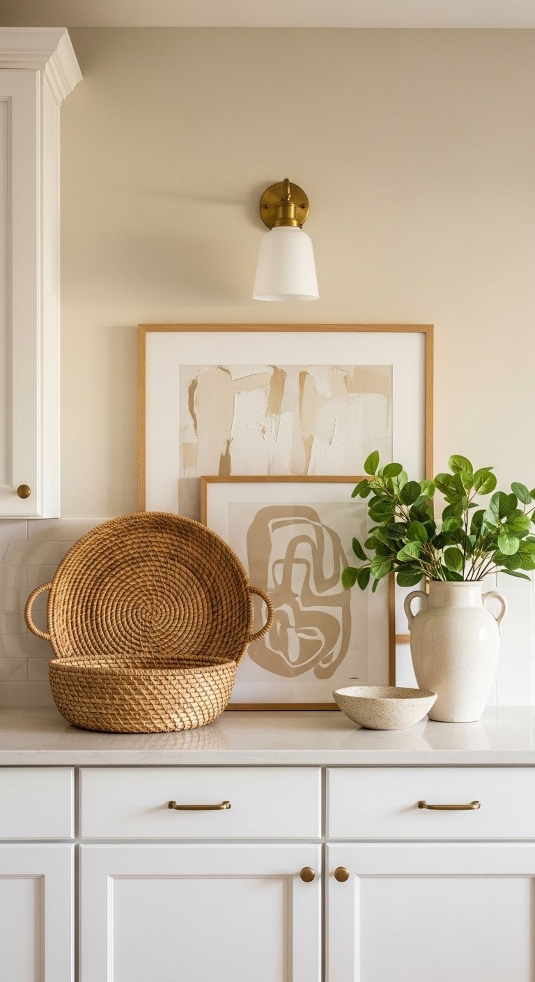 Stylishly decorated space above white kitchen cabinets featuring a woven basket, framed art, and a vase with faux greenery.