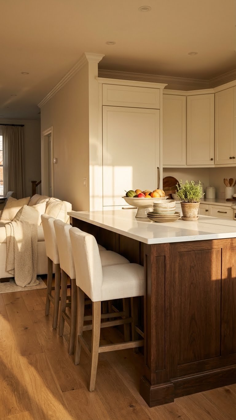 Substantial kitchen island with seating defines open concept living room. Dark wood base, white cabinetry, bar stools. Modern townhouse design.