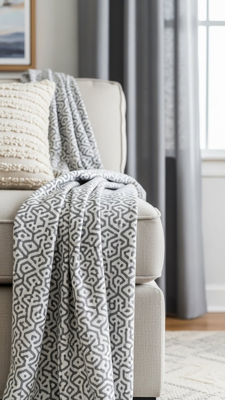 Subtle gray geometric patterned living room curtain coordinates with solid gray kitchen curtain, highlighting texture in open-plan.
