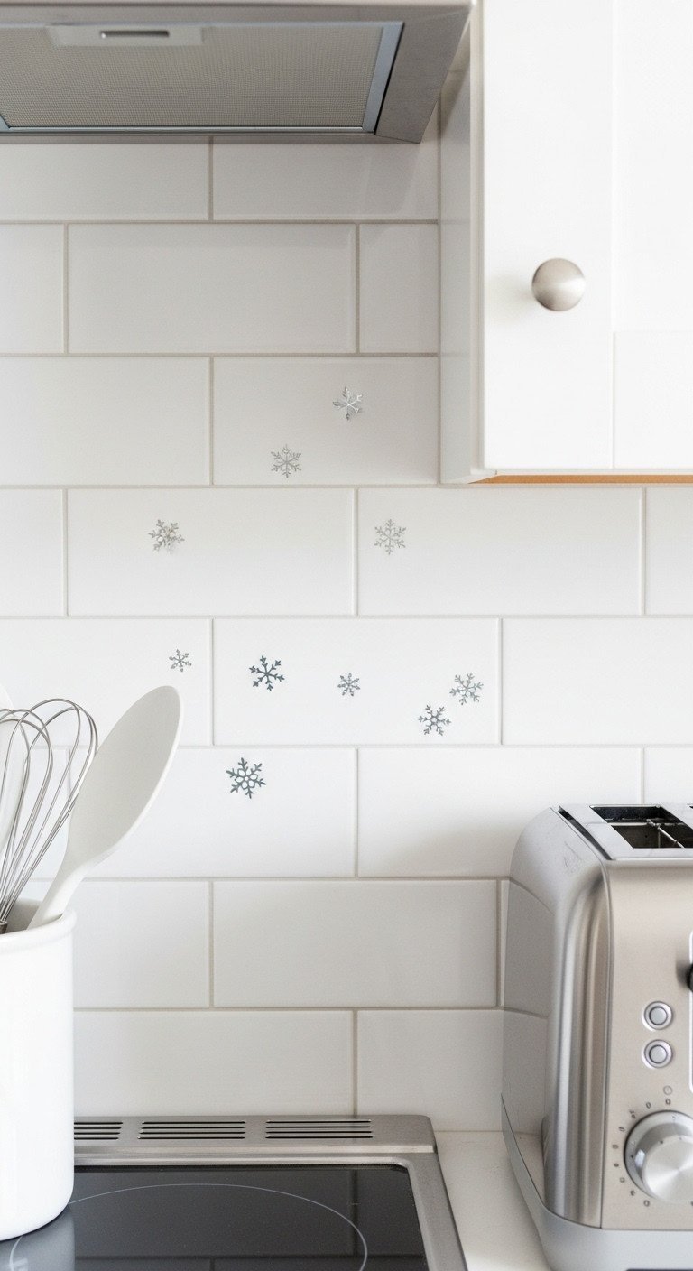 Subtle silver snowflake decals adorning a white subway tile kitchen backsplash, with stainless steel appliance accents.