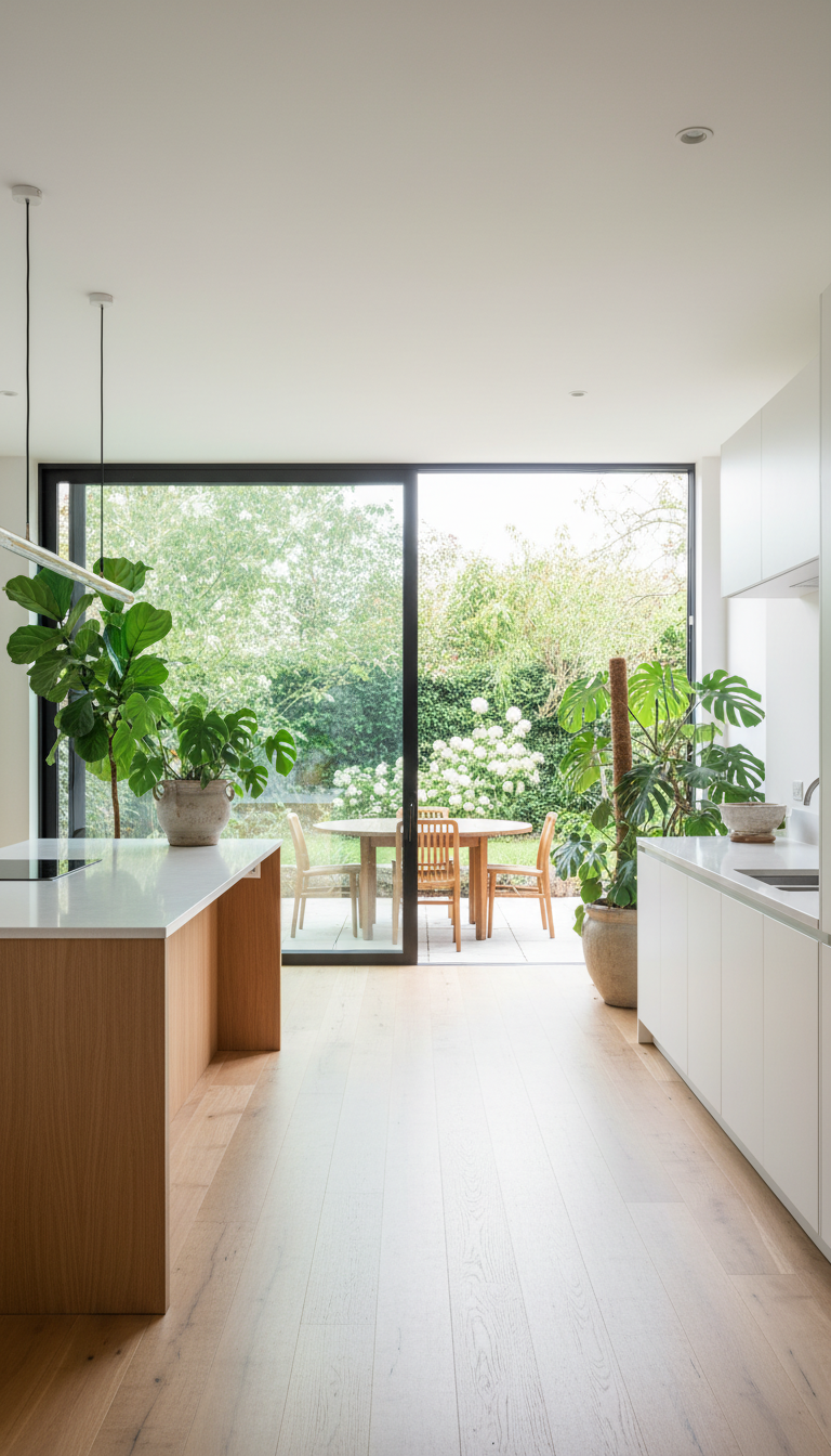 Sun-drenched kitchen, sliding glass door to patio. Sculptural plants, natural light, biophilic indoor-outdoor flow.