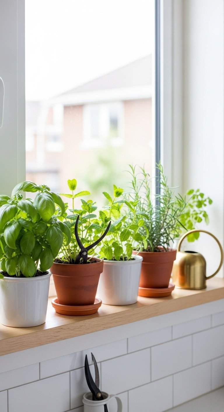 Sunlit kitchen herb garden on a wood shelf with basil and mint in terracotta pots next to a brass watering can.