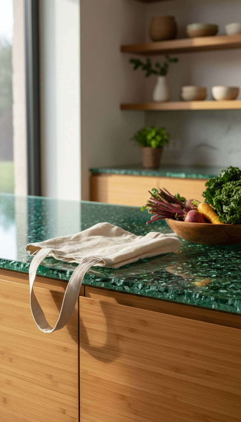 Sustainable modern kitchen: reclaimed wood, recycled glass, bamboo cabinets. Eco-friendly, organic vegetables.