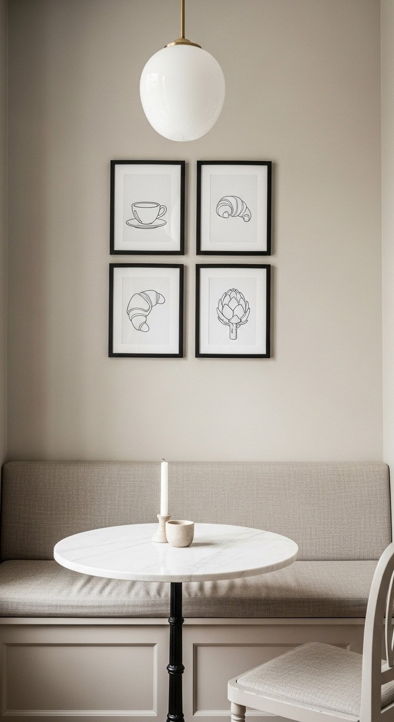 Symmetrical gallery wall in a kitchen nook with four black frames holding minimalist food-themed line art against a greige wall.