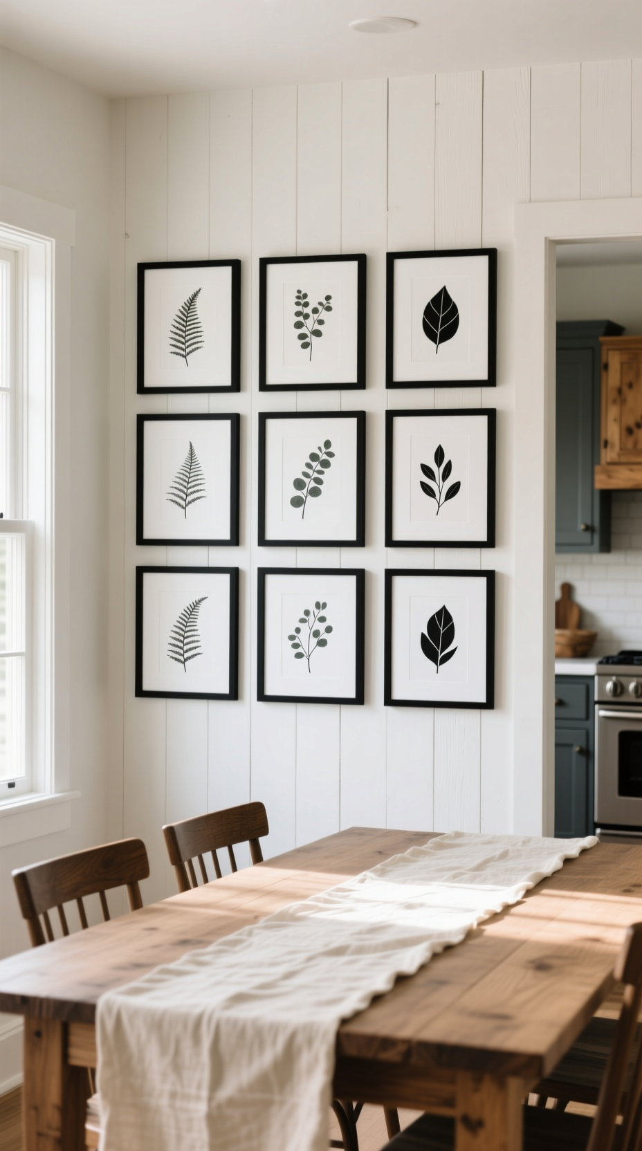 Kitchen Wall Decor That Looks Perfect Above Your Table 3 Symmetrical gallery wall of nine square black frames with botanical line drawings above a rustic wood dining table.