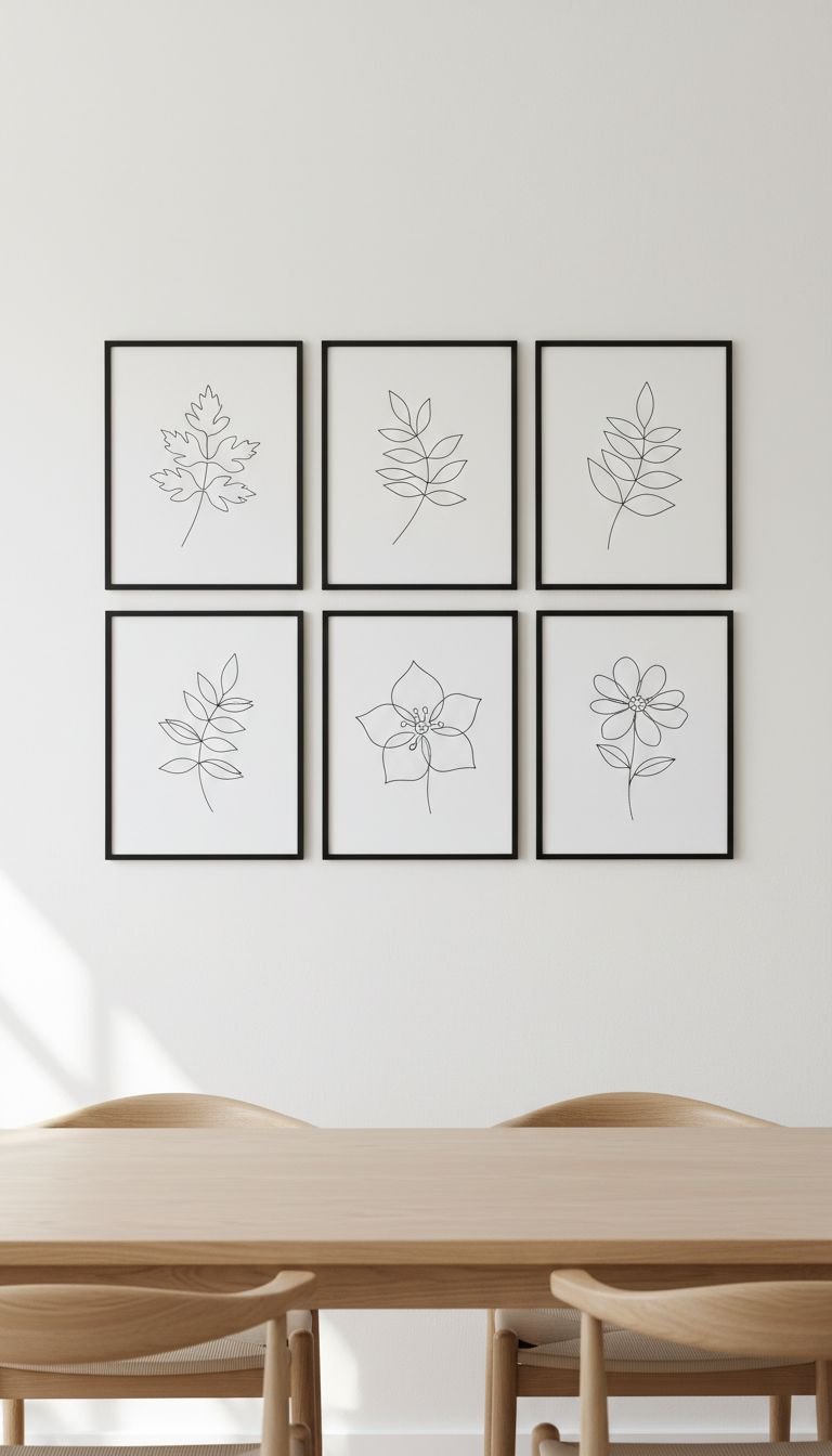 13 Minimalist Kitchen Wall Decor Ideas For Every Style 5 Symmetrical gallery wall of six botanical leaf drawings in thin black metal frames on an off-white wall in a kitchen nook.