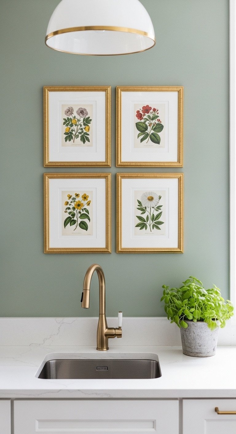 11 Traditional Kitchen Wall Decor Ideas To Get The Look Right 3 Symmetrical gallery wall of six vintage botanical illustrations in thin gold frames on a sage green kitchen wall home decor.