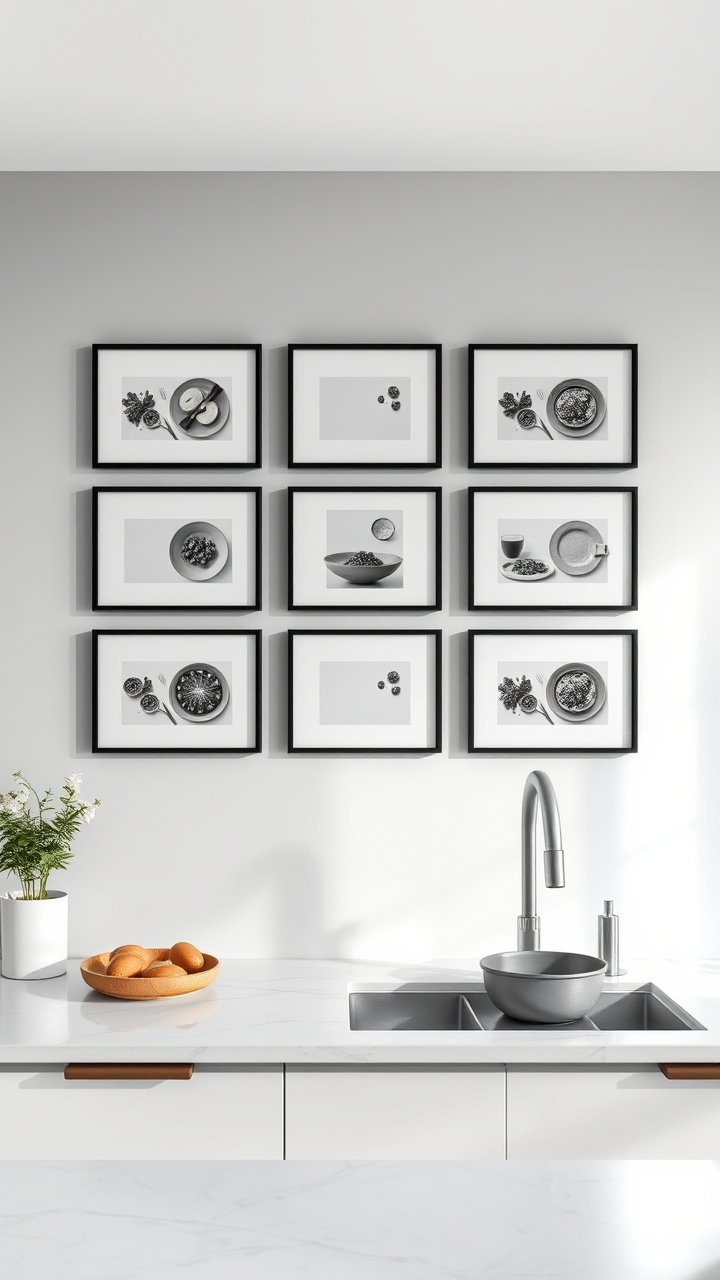9 Brilliant Kitchen Wall Art Ideas And How To Hang Them 1 Symmetrical grid gallery wall of nine black frames with minimalist food photos above a marble countertop in a modern kitchen.