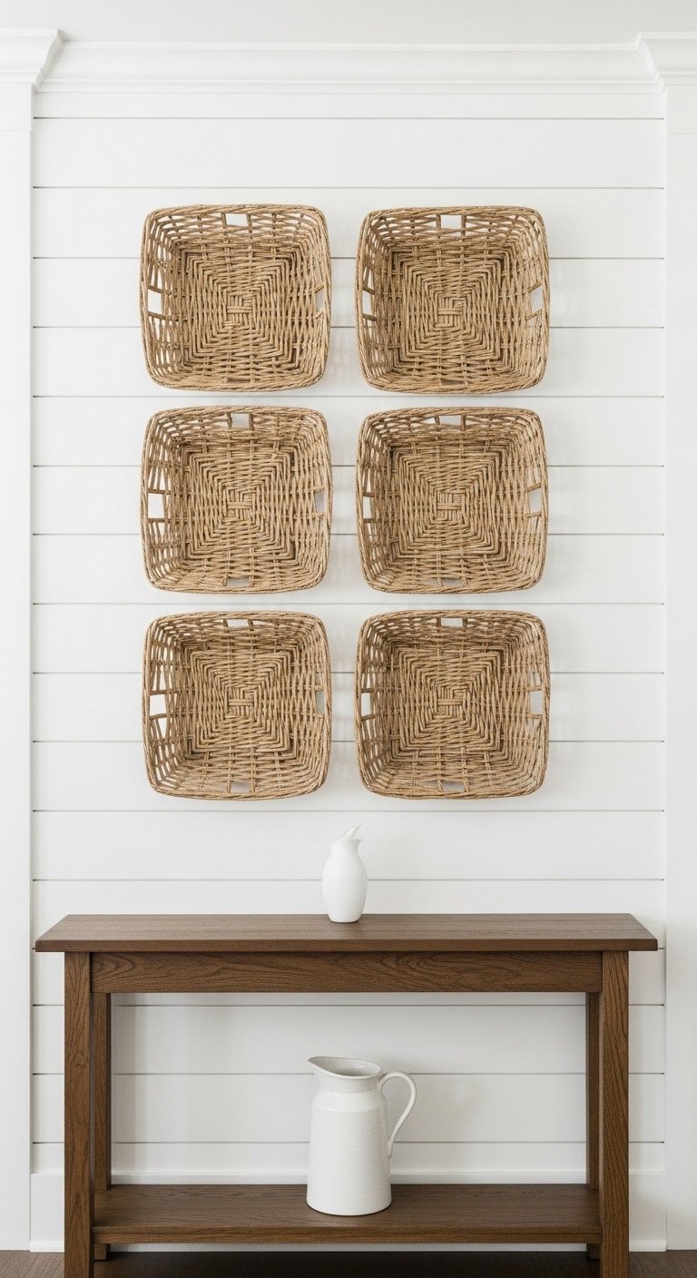 Symmetrical grid of six matching woven wicker baskets on a white shiplap kitchen wall, a key Modern Farmhouse decor idea.