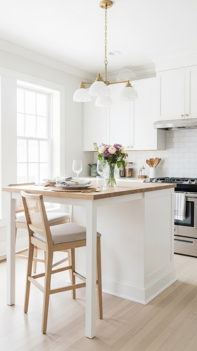 T-shape kitchen island with integrated dining nook for four. Small open-concept living area, pale wood floor, modern lighting.