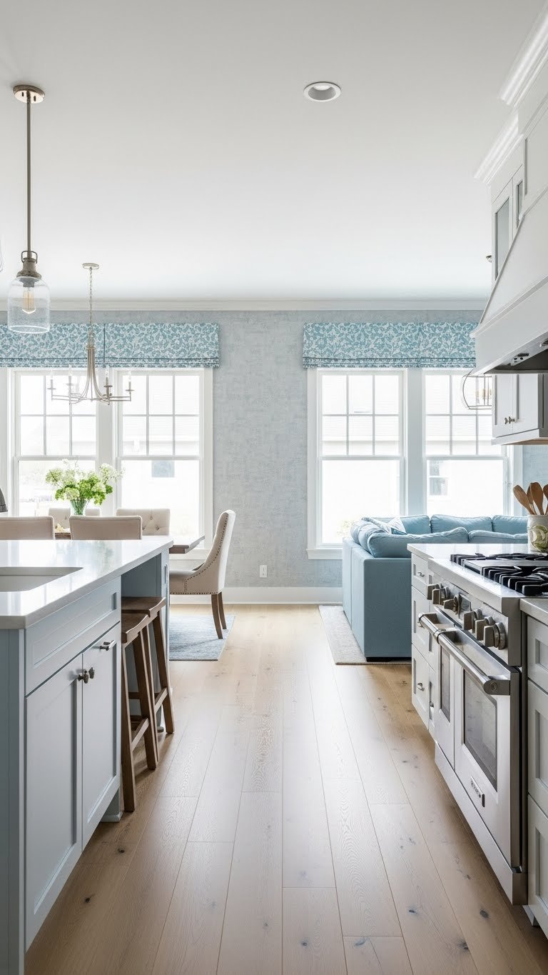 T-shaped open concept defines kitchen, living, dining zones. Light wood floor, windows. Blues, whites, natural woods.