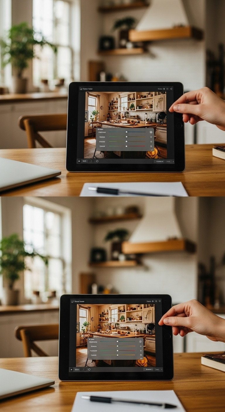 Tablet screen shows photo editing software, adjusting warmth and reducing shadows in a kitchen image. Photography workflow.