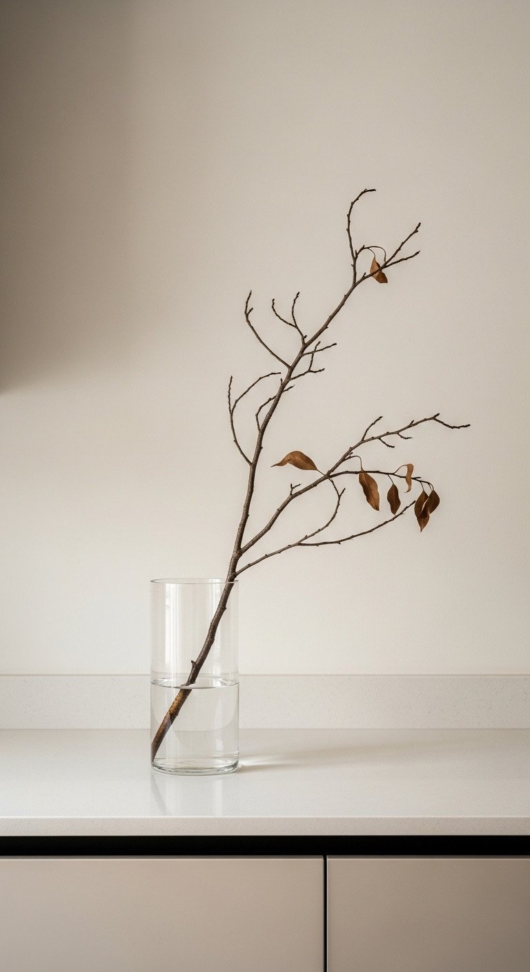 Tall glass vase with a single large sculptural branch creating a minimalist decor accent in a serene Japandi kitchen corner.