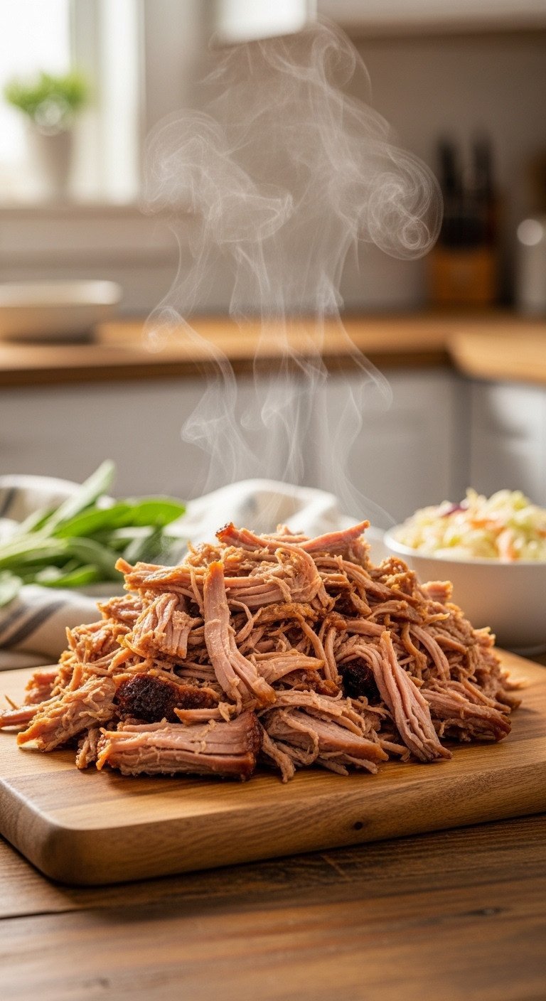 9 Cozy Fall Dinner Ideas Mastered With Sheet Pan And Slow Cooker 3 Tender apple cider slow cooker pulled pork piled on rustic wooden board with steam, rich glaze. Garnished with sage, coleslaw.