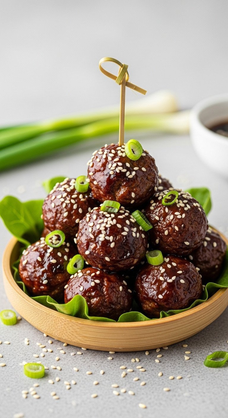 Teriyaki Meatballs recipe: glossy, dark glazed, sticky sauce, sesame seeds, fresh scallions, bamboo bowl.