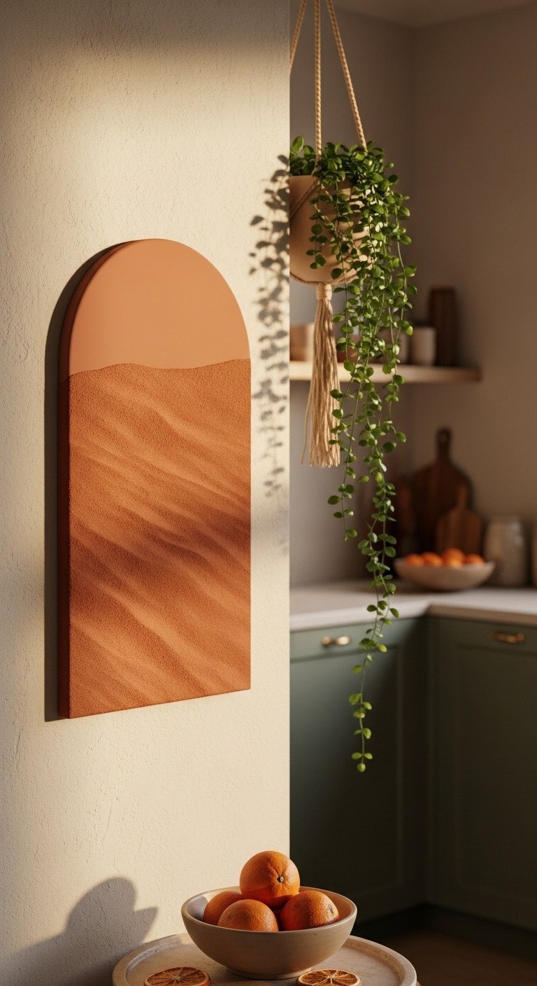Terracotta arched canvas with a sandy texture hangs on a beige plaster wall in a boho kitchen with green cabinets.