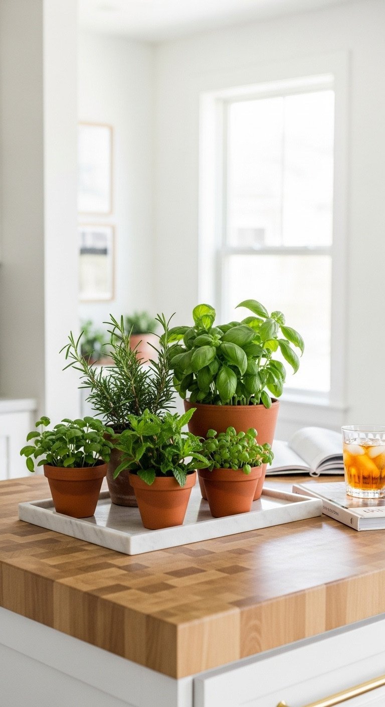 Kitchen Island Decor Secrets For Style And Function 3 Terracotta pots with fresh basil, rosemary, and mint herbs sit on a marble tray on a butcher block kitchen island.