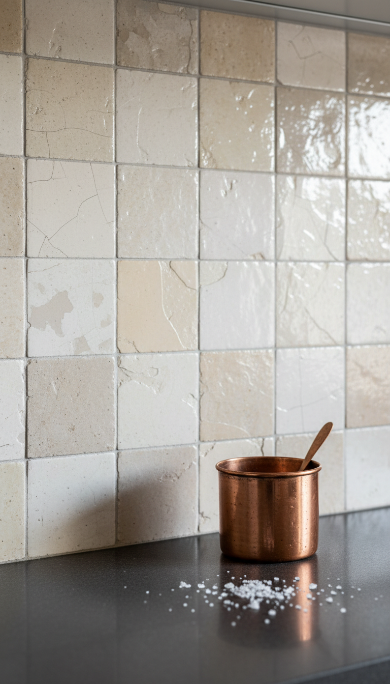 Textured Zellige tile kitchen backsplash, earthy tones, dark countertop. Elegant detail with copper utensil holder and sea salt.