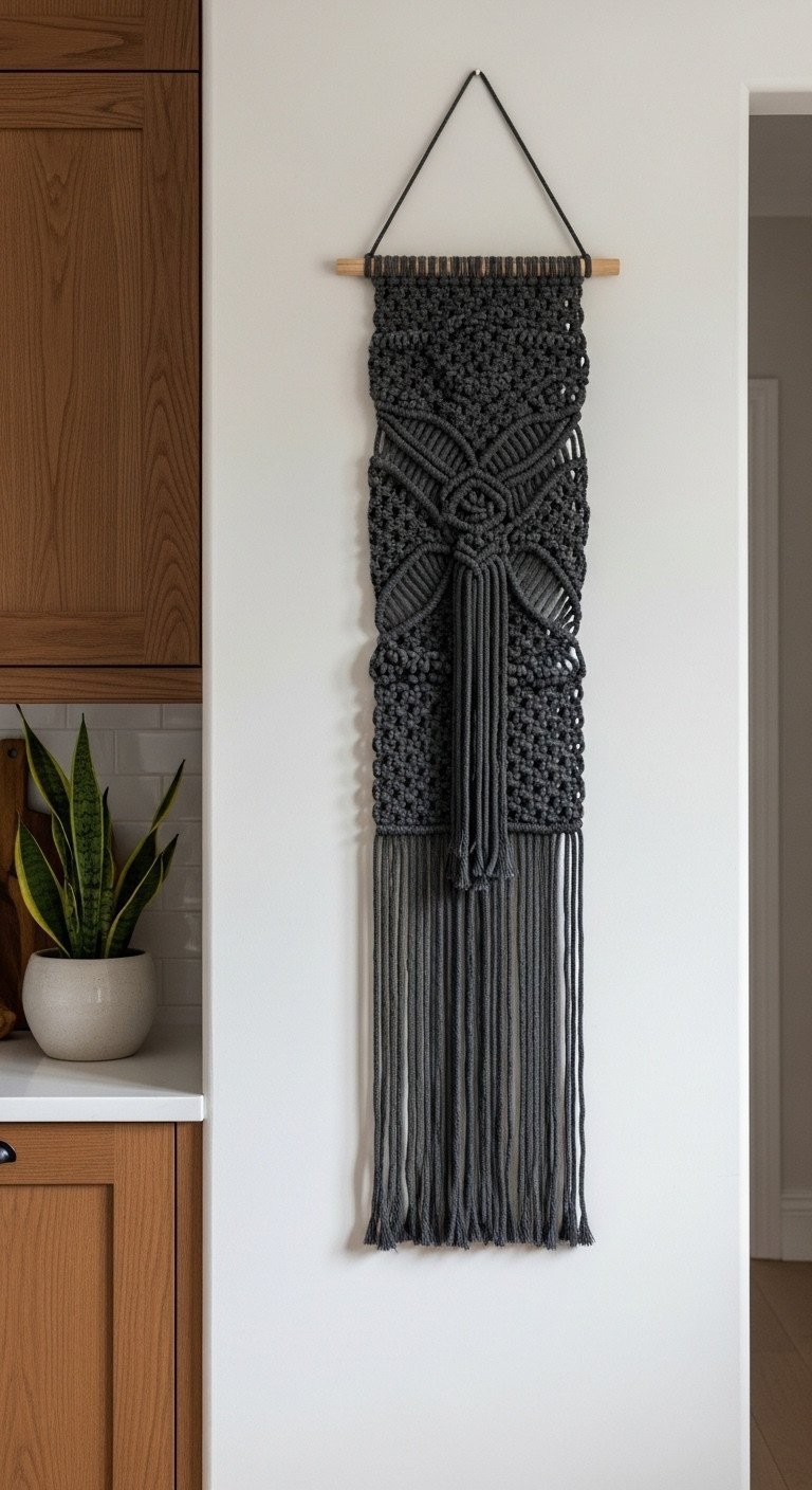 Textured charcoal gray macrame wall hanging with intricate knots on a plaster wall in a kitchen with a snake plant nearby.