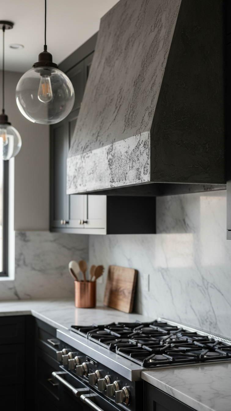 Textured dark gray plaster range hood above black professional range, white marble countertop, copper utensil canister. Modern kitchen interior design.