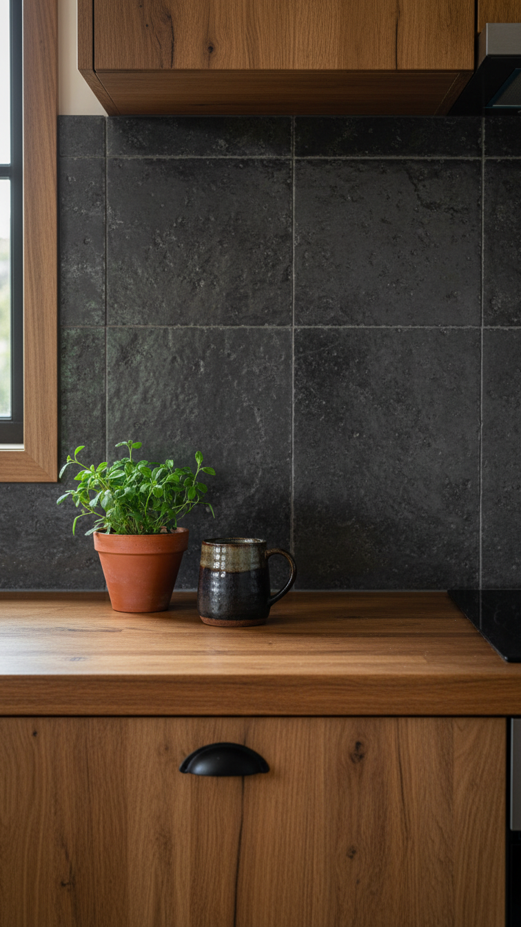 Textured dark gray zellige tile backsplash above a natural wood countertop, with a plant and rustic ceramic mug. Rustic kitchen.