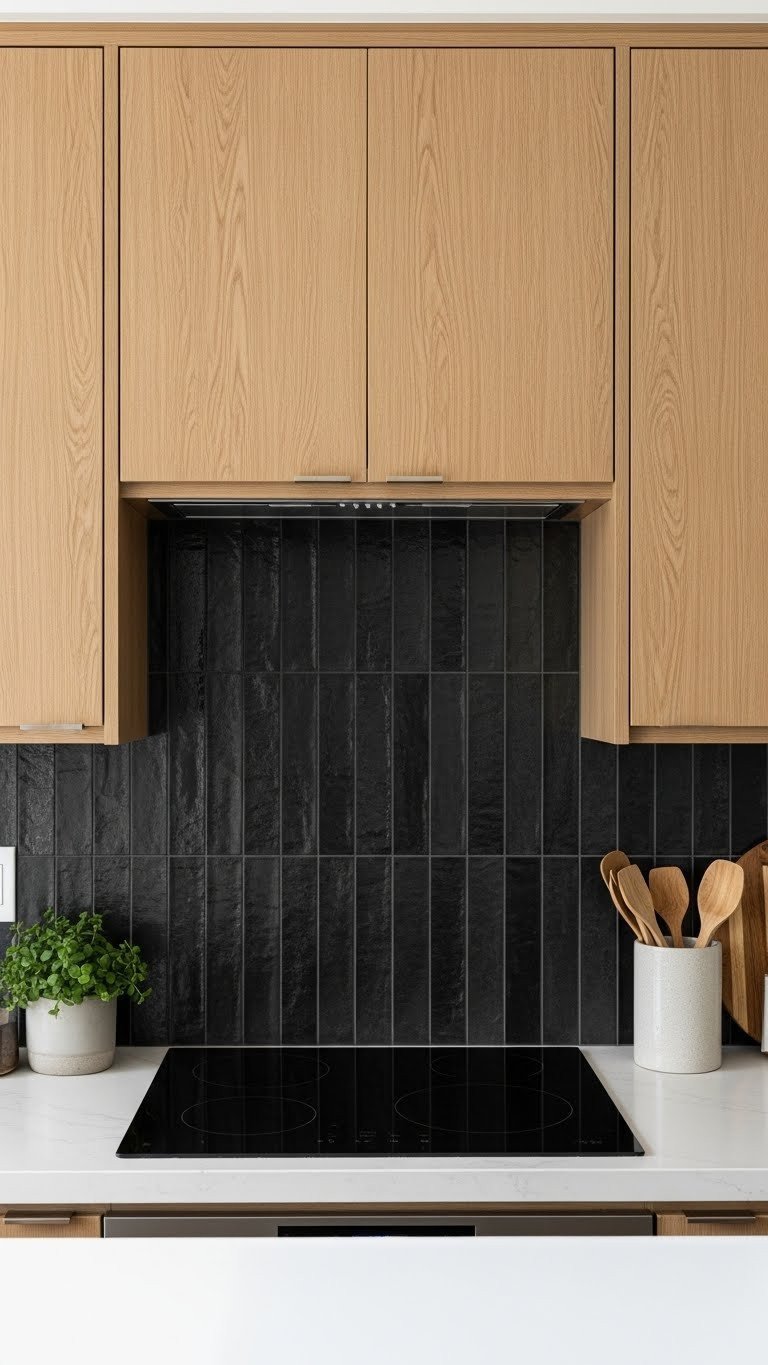 Textured dark slate kitchen backsplash with natural oak cabinets, white quartz counter, small plant. Modern, elegant kitchen design.