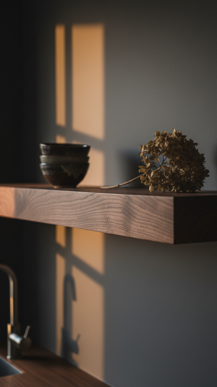 Textured dark walnut floating shelf against a matte charcoal wall, featuring ceramic bowls and dried flowers for a cozy kitchen.