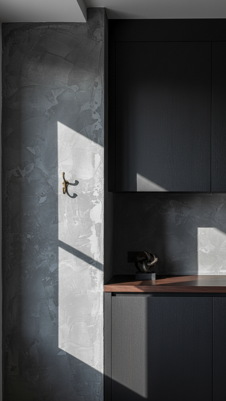 Textured deep gray faux concrete kitchen wall with intentional imperfections, dark cabinetry, and a dark wooden counter.