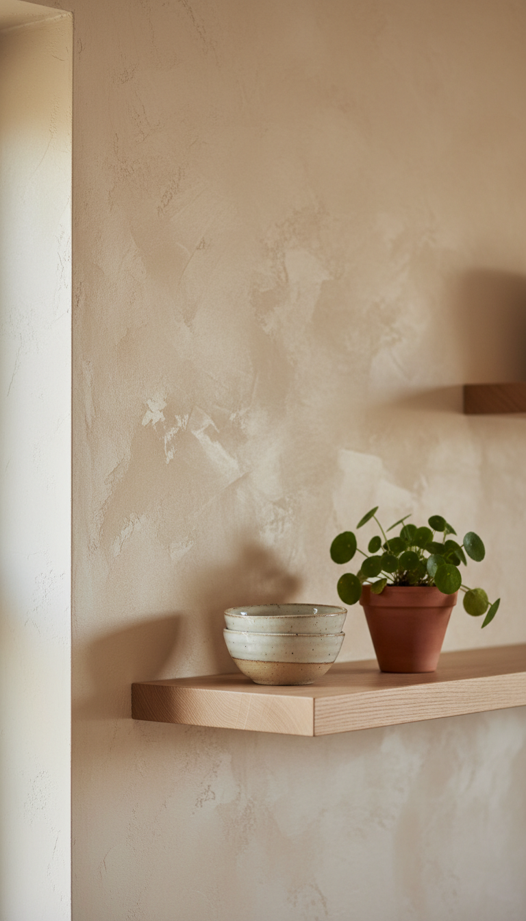 Textured lime wash kitchen wall, warm beige. Floating shelf, ceramic bowls, houseplant for calming, earthy decor.