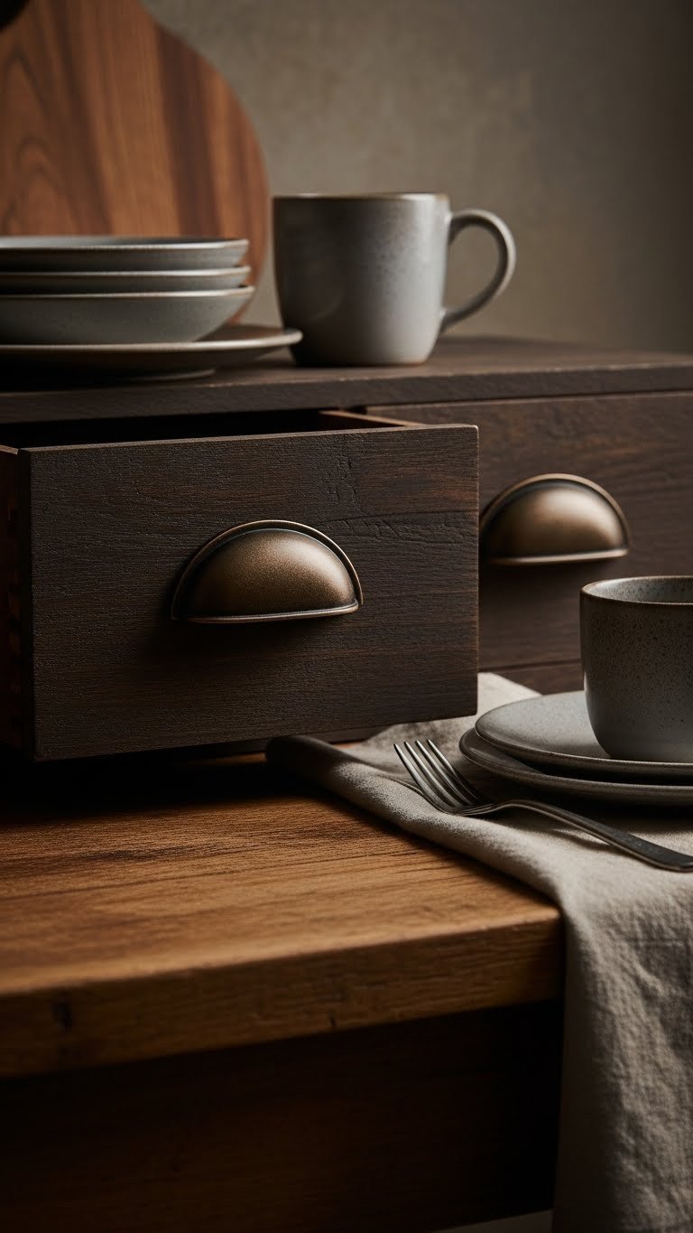 Transform Kitchens With 7 Moody Hardware Picks: Expert Tips 4 Textured oil-rubbed bronze cup pulls on reclaimed dark wood kitchen drawers, with rustic details and warm side lighting.