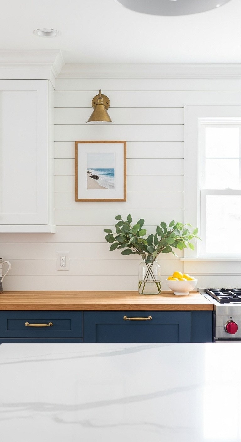 Textured white shiplap wall in a coastal farmhouse kitchen with a butcher block countertop and a bowl of fresh lemons.