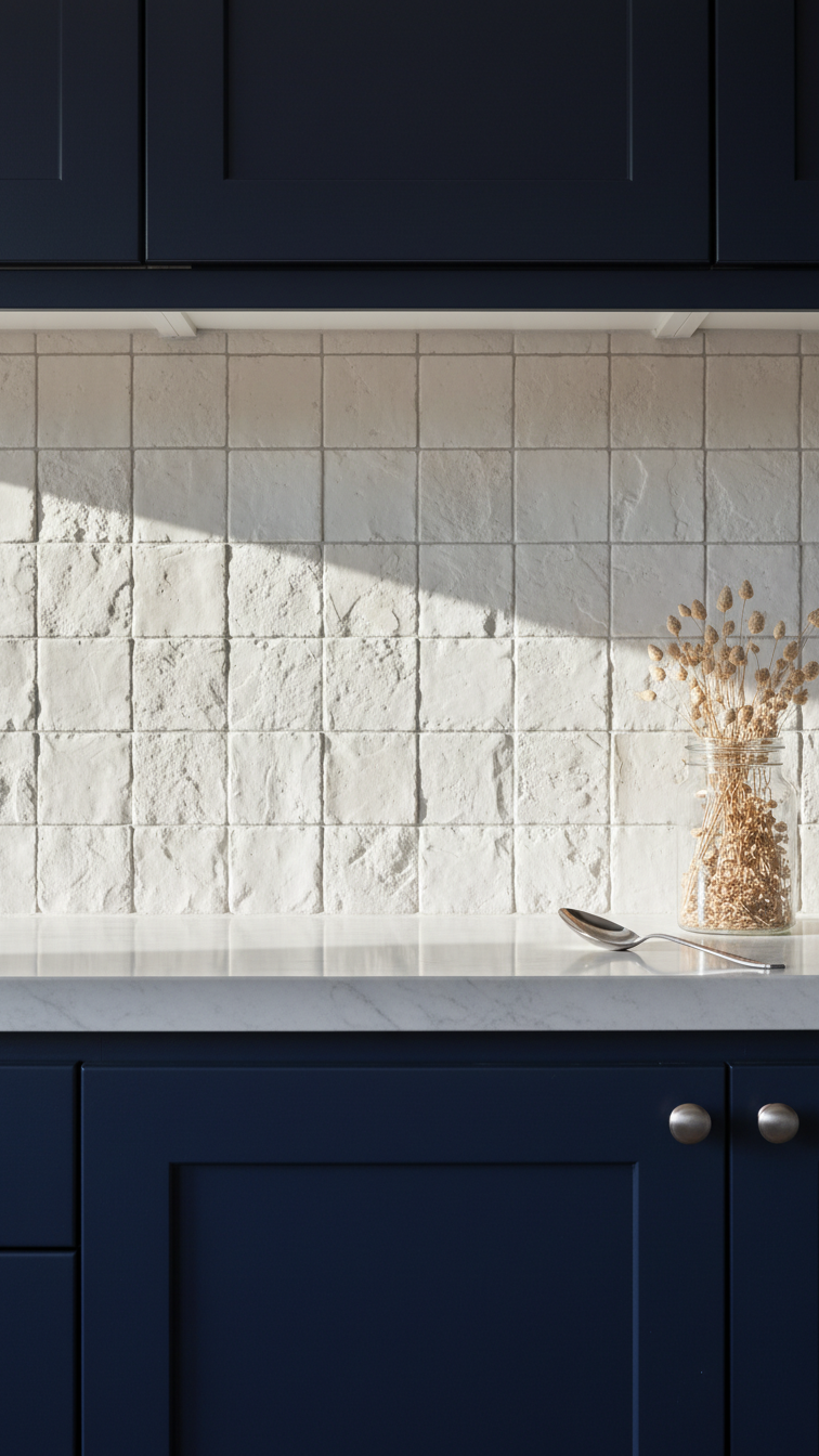 Textured white zellige tile backsplash dramatically lit above deep navy blue kitchen cabinets, elegant kitchen design.