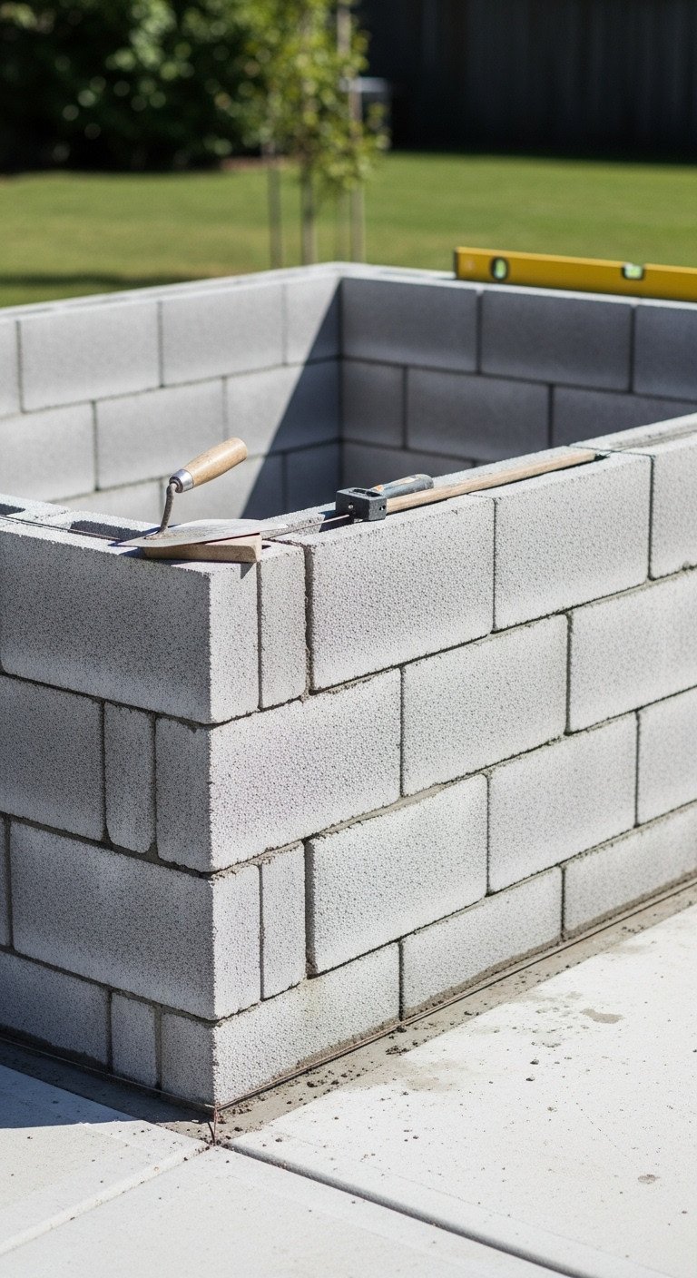 Brilliant Outdoor Kitchen Design Plans To Avoid Costly Mistakes 5 The new cinder block foundation of a DIY outdoor kitchen built on a concrete slab, with a trowel resting on top.