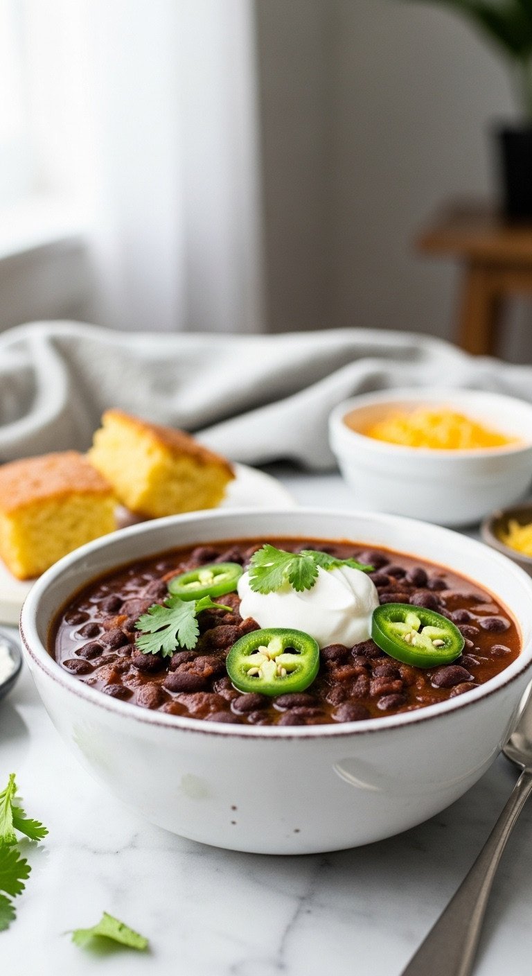 Master 7 Delicious Soup Recipes In Under An Hour 11 Thick black bean chili in a white rustic bowl, garnished with sour cream, cilantro, and jalapeño, served with cornbread.