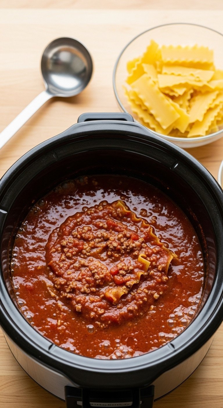 Lasagna Soup One Pot Recipe With Foolproof Noodle Tips 11 Thick, dark red tomato and meat lasagna soup base bubbling gently in a stainless steel slow cooker; noodles nearby.