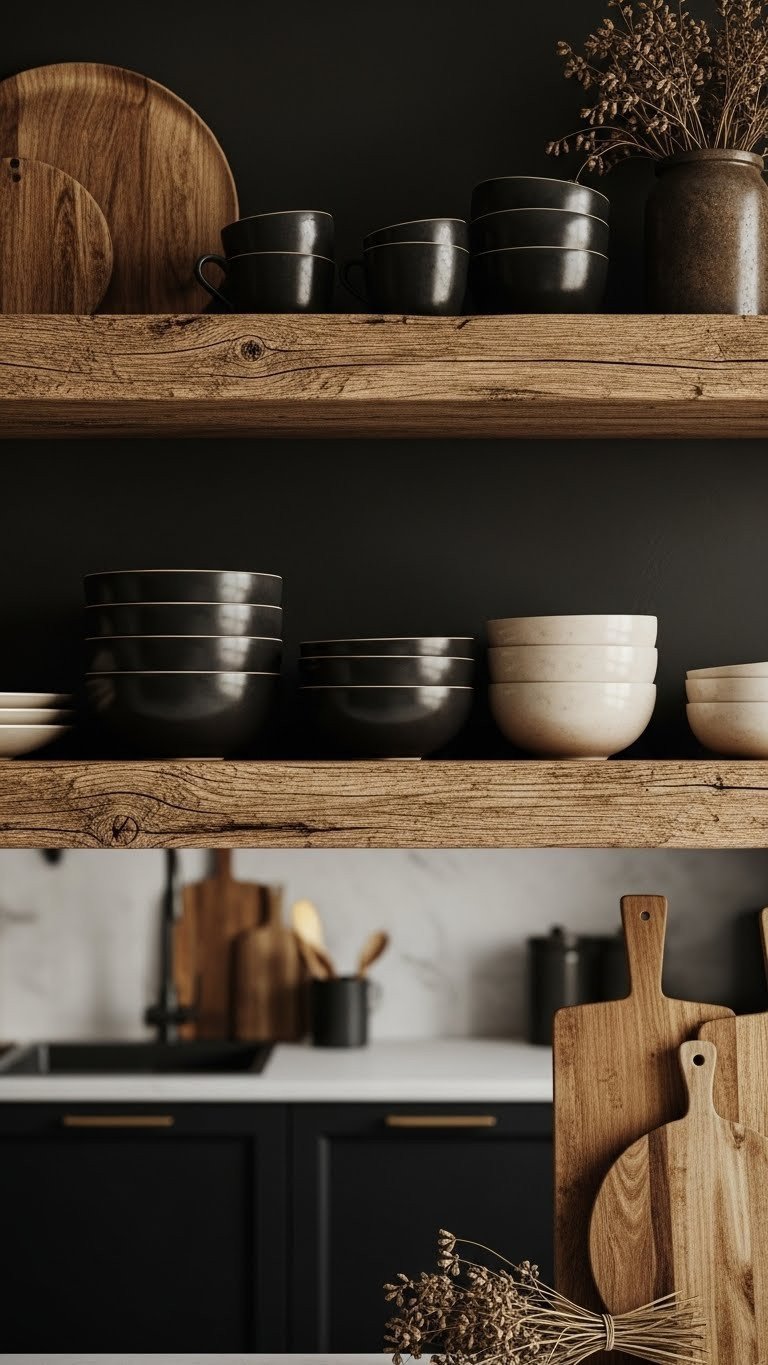 Moody Kitchen Open Shelving: 9 Genius Styling Ideas 7 Thick distressed reclaimed wood shelves on a charcoal wall, displaying dark ceramics and cutting boards. Rustic modern kitchen design.