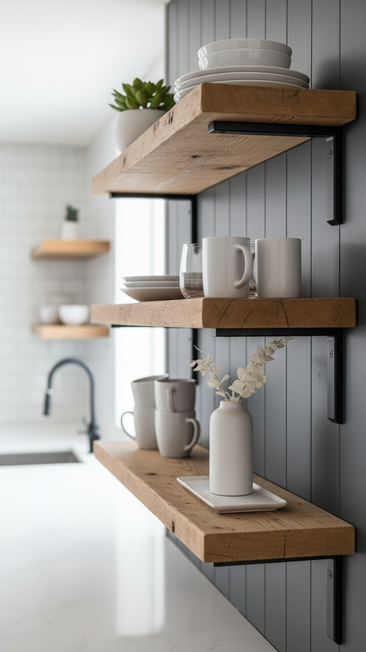 Thick reclaimed barn wood floating shelves with modern white dishware and a succulent against a dark wall. Clean kitchen storage.