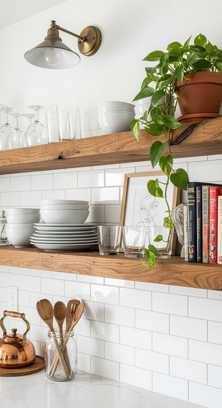 Thick reclaimed wood floating shelves mounted on a white subway tile kitchen wall, styled with plates, glasses, and a plant.