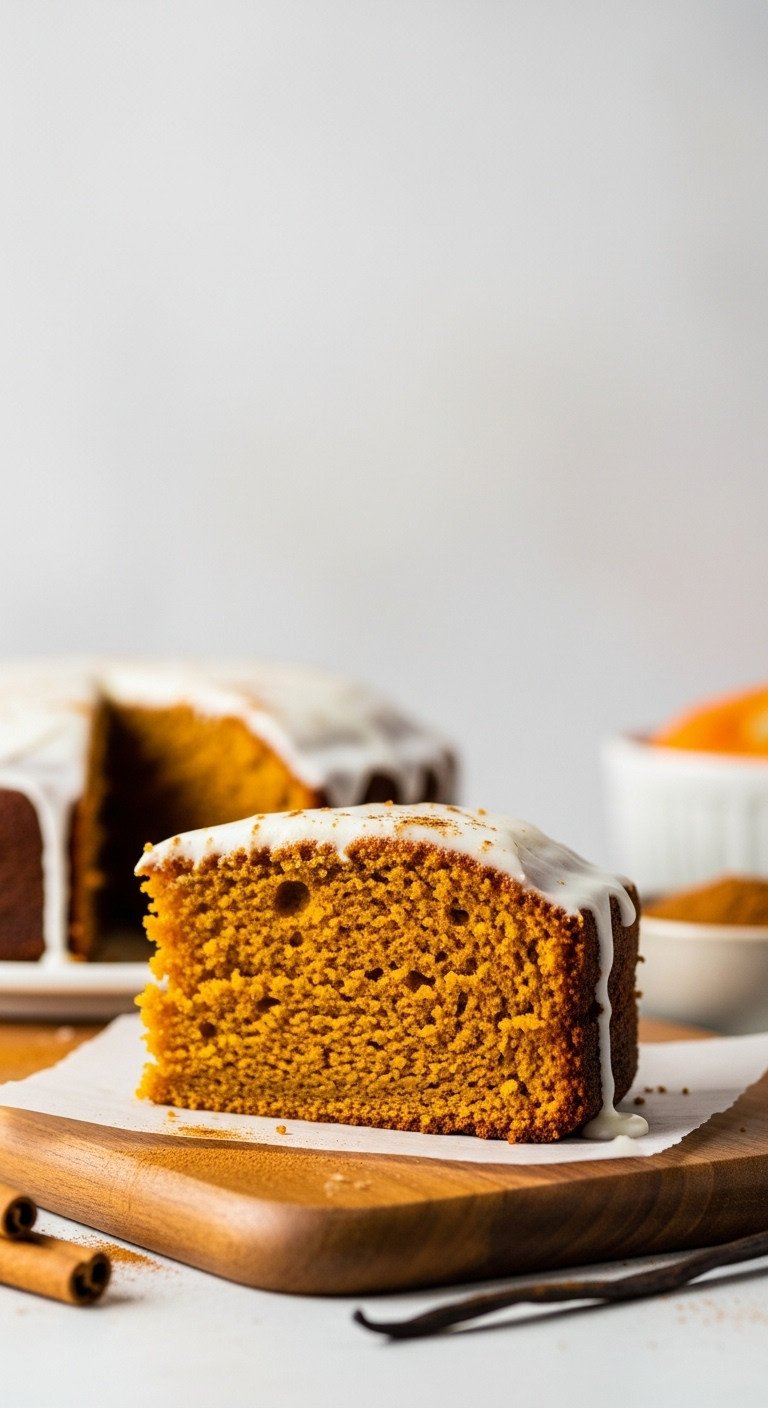 Thick slice of Two-Ingredient Pumpkin Cake with moist orange crumb, vanilla glaze, cinnamon dust on a wooden board.