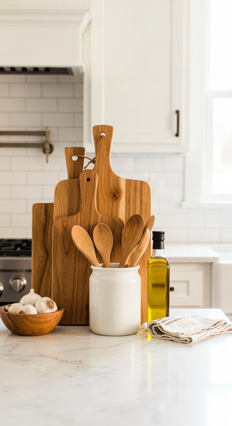 Kitchen Island Decor Secrets For Style And Function 7 Three acacia wood cutting boards styled on a white marble countertop in a cozy, modern farmhouse kitchen setting.
