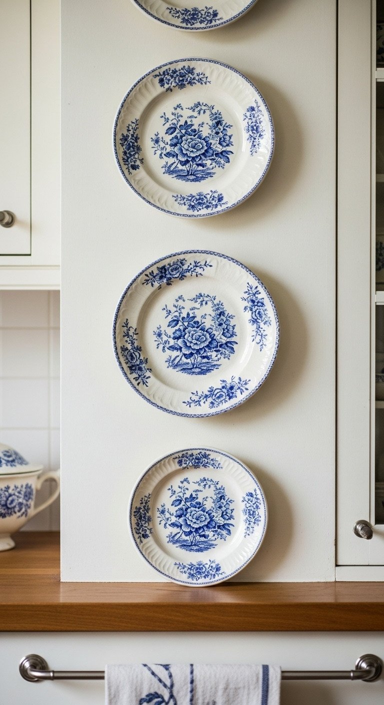 13 Stunning French Country Wall Decor Ideas For Your Kitchen 11 Three antique ceramic plates with a blue floral toile pattern are mounted vertically on a creamy white kitchen wall.