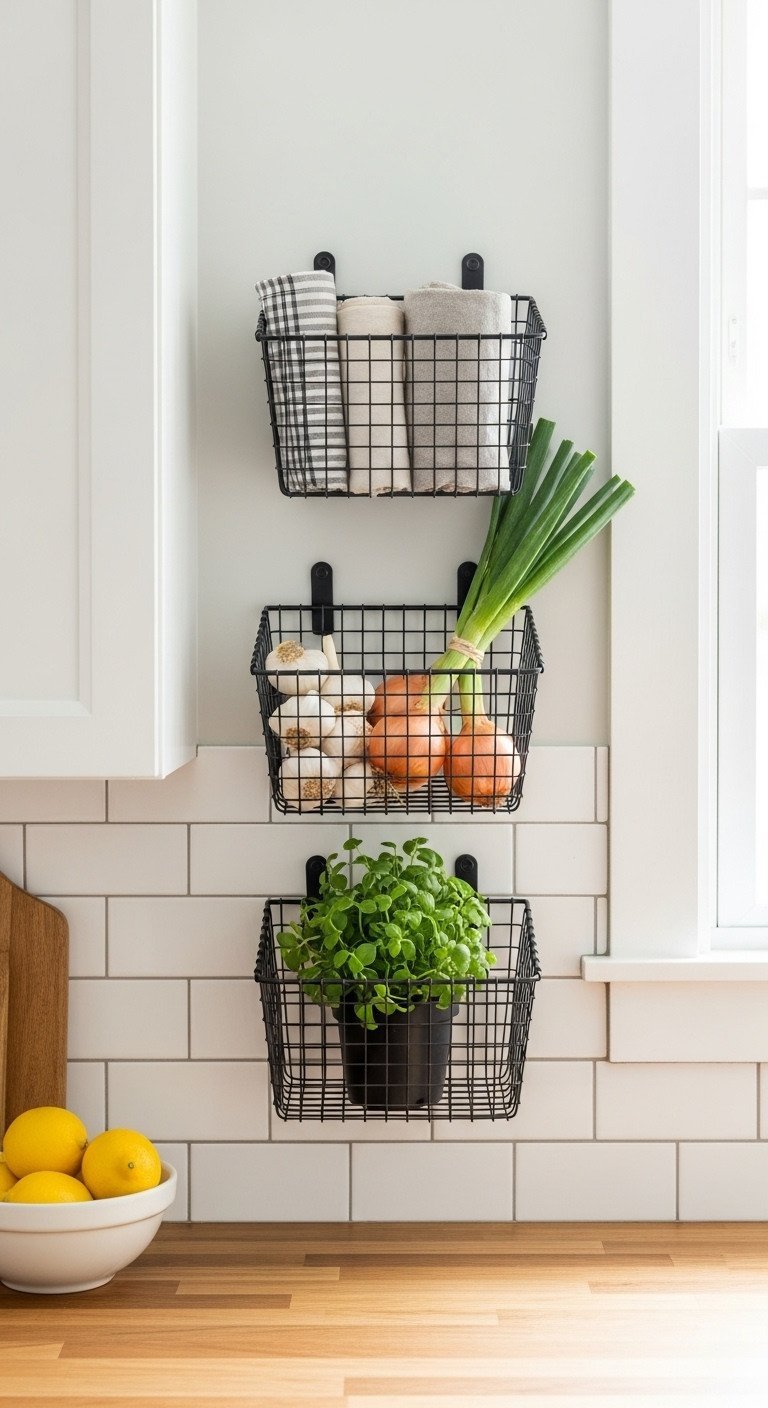 13 Stunning French Country Wall Decor Ideas For Your Kitchen 25 Three black wire baskets for kitchen storage are mounted on a white subway tile wall, holding towels and produce.