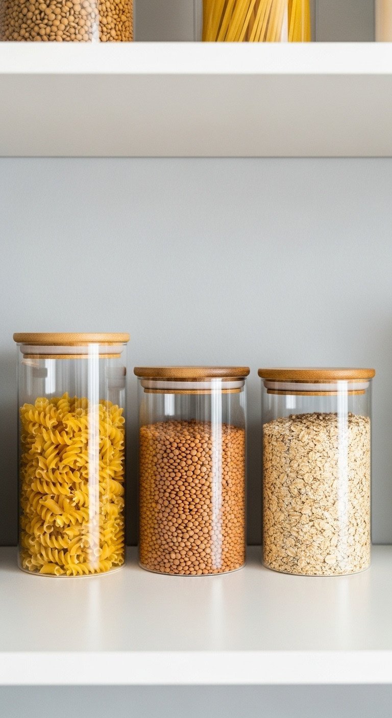 Three clear glass pantry jars with acacia wood lids filled with pasta, lentils, and oats line a clean white shelf.