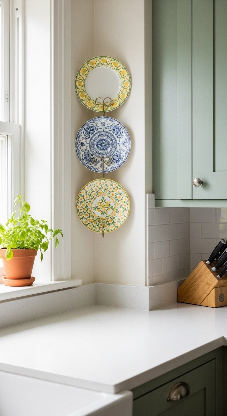 Stunning Plate Wall Decor And The Secrets To Hang It Right 7 Three colorful patterned plates hung in a vertical line on a creamy white wall between a window and a sage green cabinet.