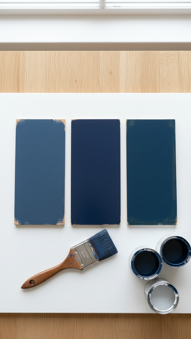 Three dark blue kitchen cabinet paint swatches: Sherwin Williams Moody Blue, Benjamin Moore Hale Navy, Farrow & Ball Hague Blue.