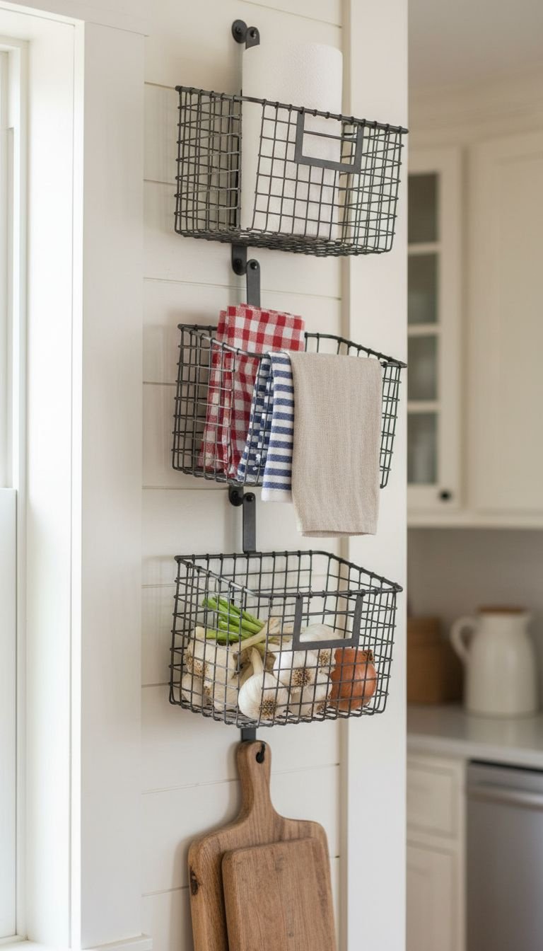Three dark metal wire baskets hanging on a kitchen wall for storing paper towels, dish towels, garlic, and onions.