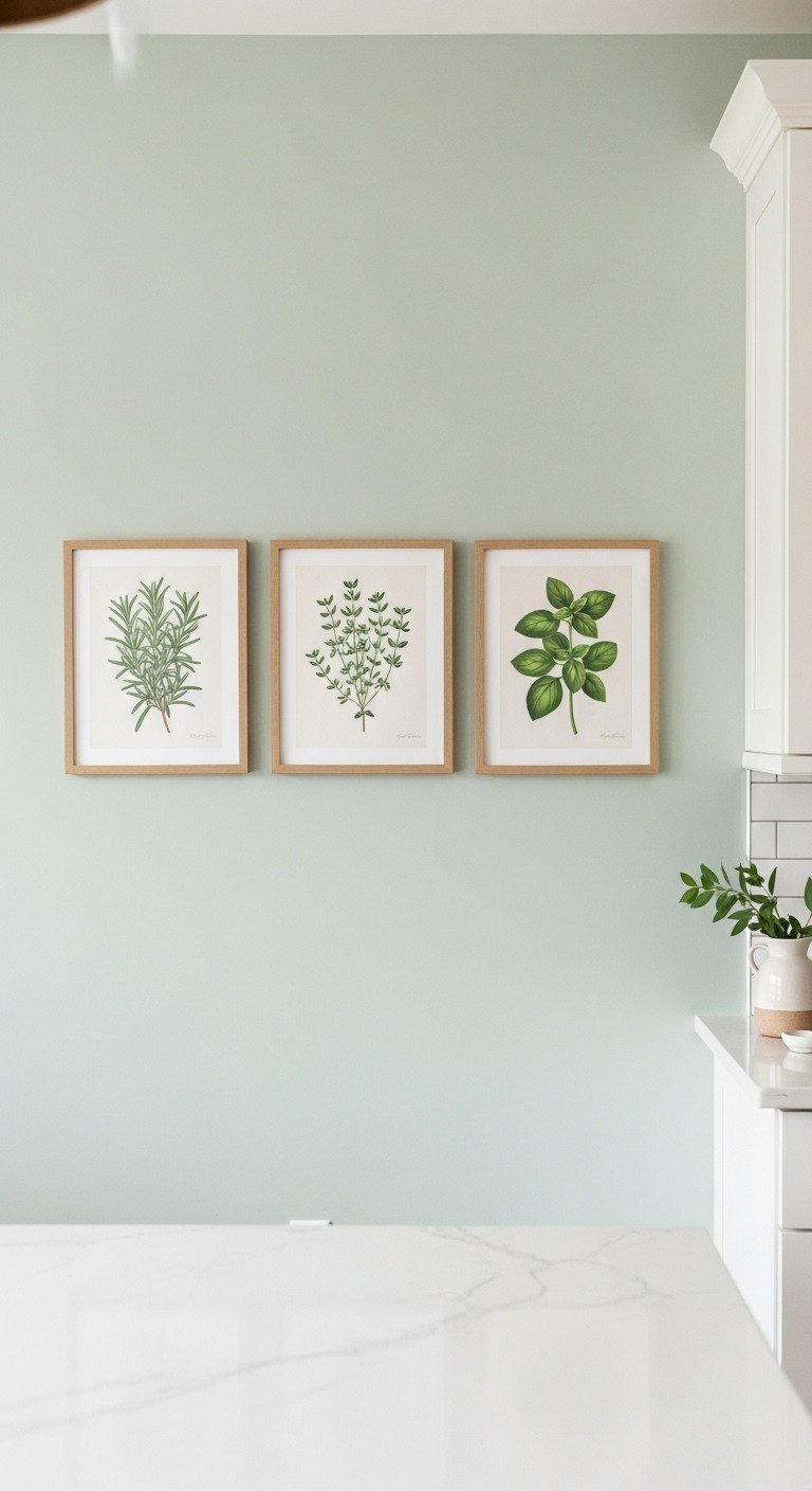 11 Stunning Ways To Style Sage Green Kitchen Wall Decor 1 Three framed botanical prints of herbs in light wood frames hang on a soft sage green wall in a modern farmhouse kitchen.