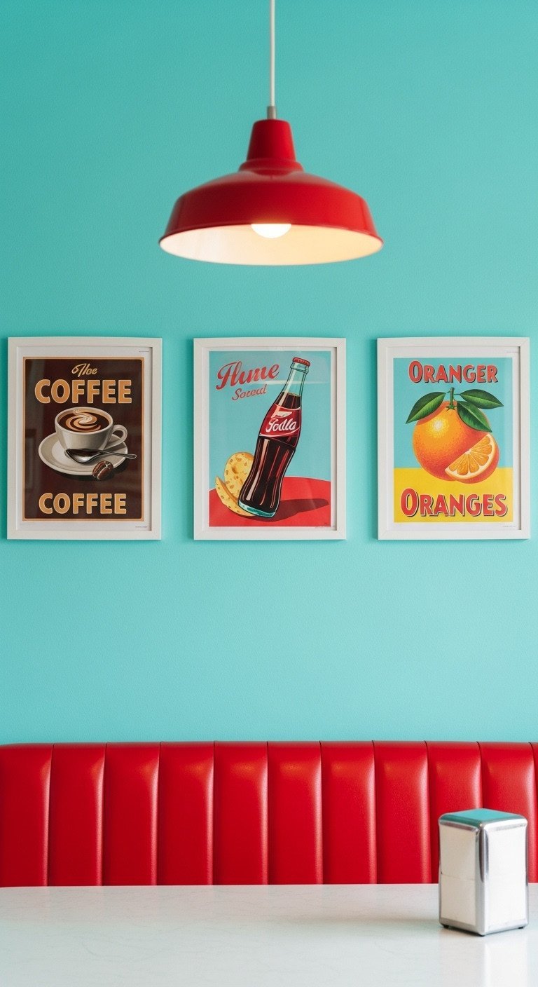Three framed retro food posters on a turquoise wall above a red vinyl booth in a vibrant, retro-style kitchen.